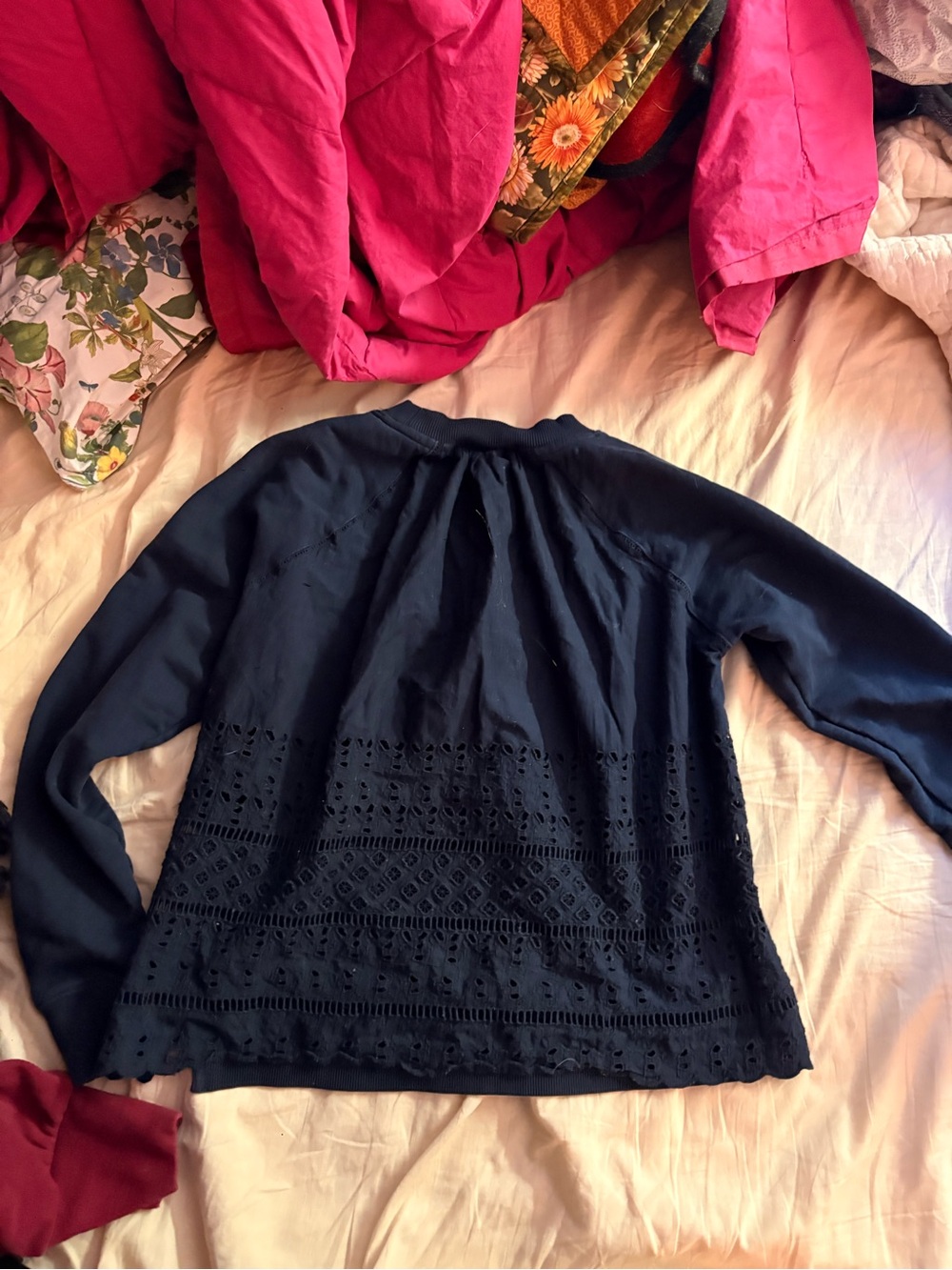 J. Crew Navy Crochet-Panel Long Sleeve Blouse